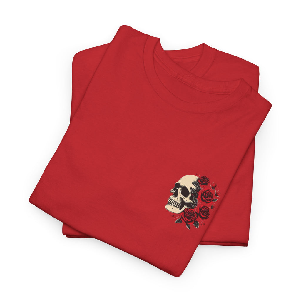 Floral Skull Chest Tee – Small Red Rose Skull Graphic T-Shirt