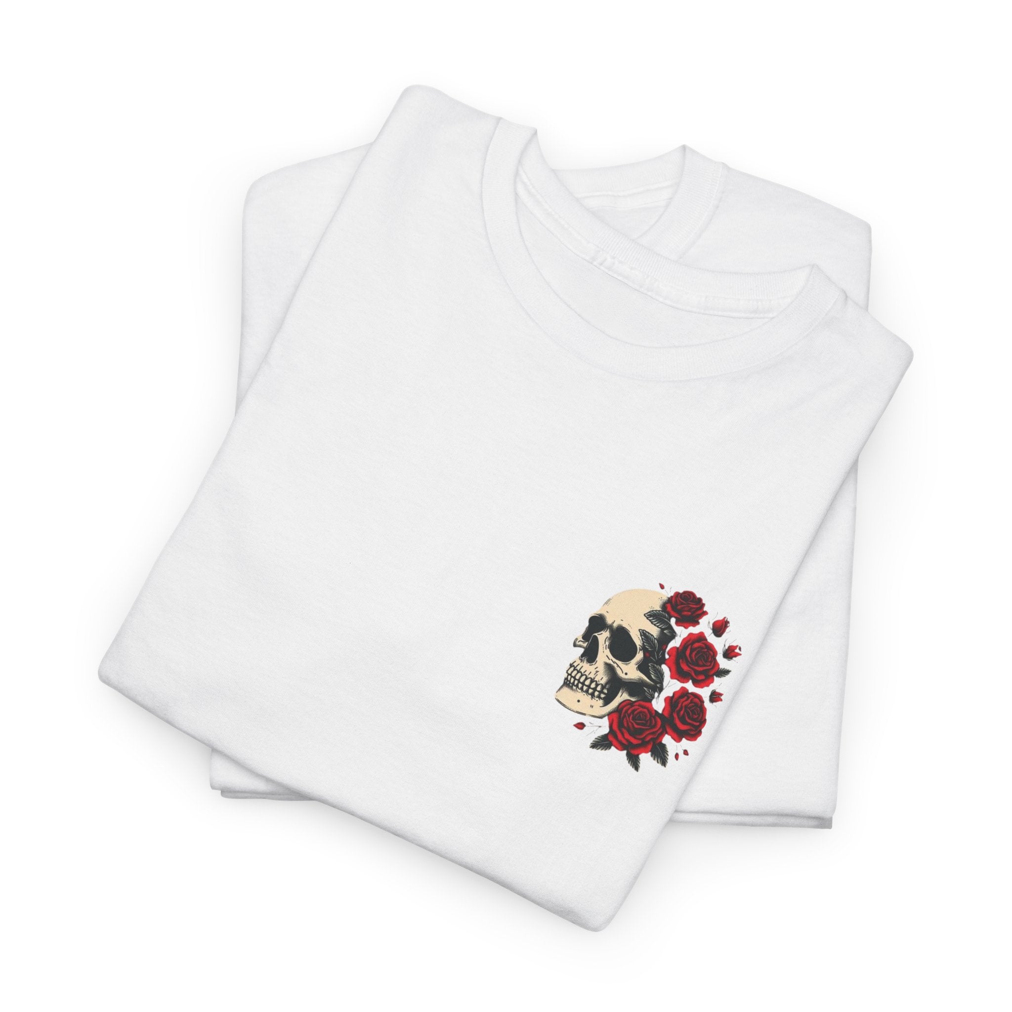 Floral Skull Chest Tee – Small Red Rose Skull Graphic T-Shirt