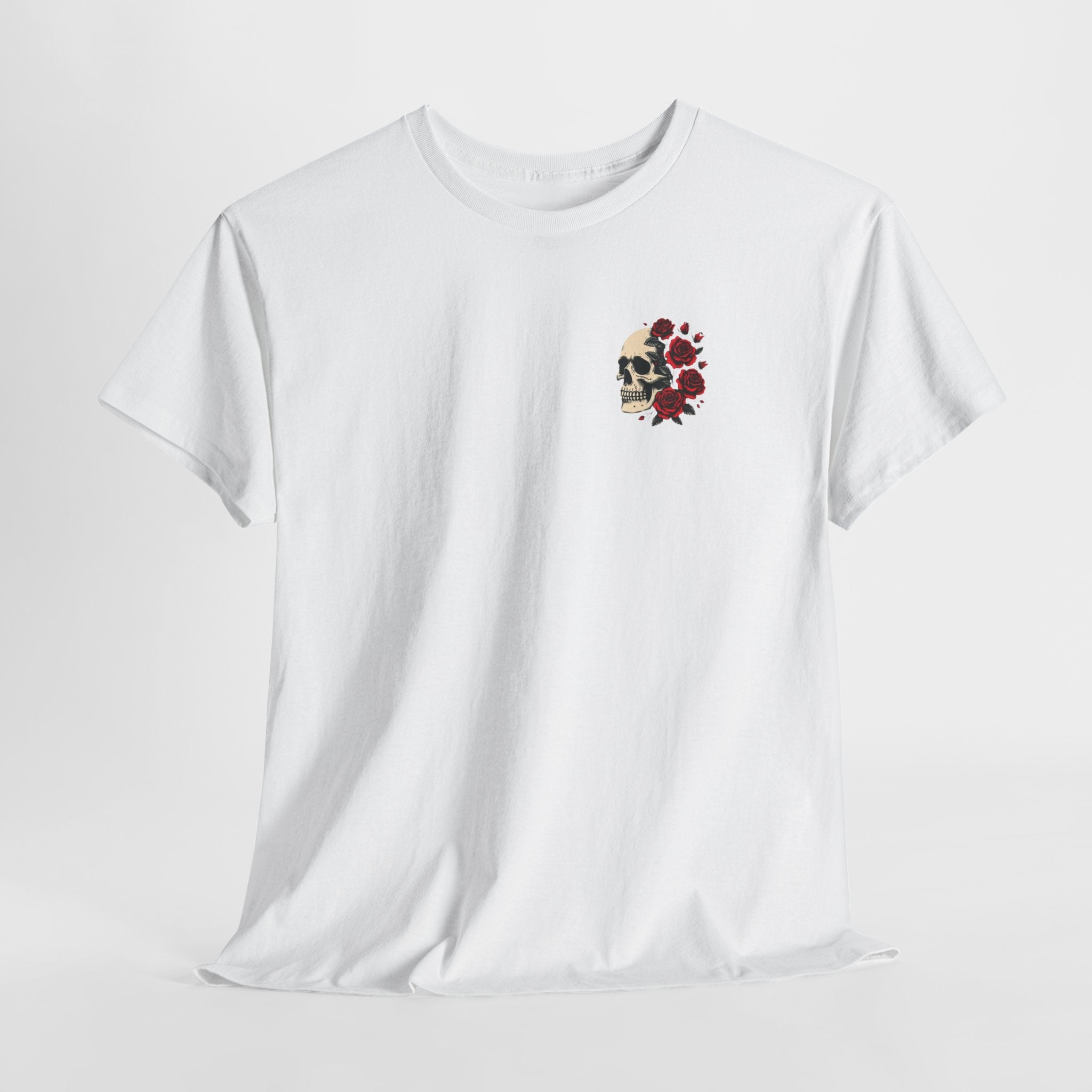 Floral Skull Chest Tee – Small Red Rose Skull Graphic T-Shirt
