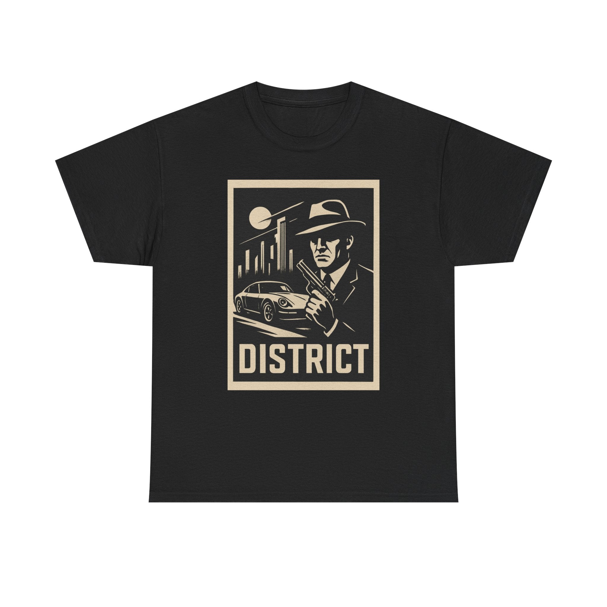 District Noir vintage detective graphic t-shirt front view on model
