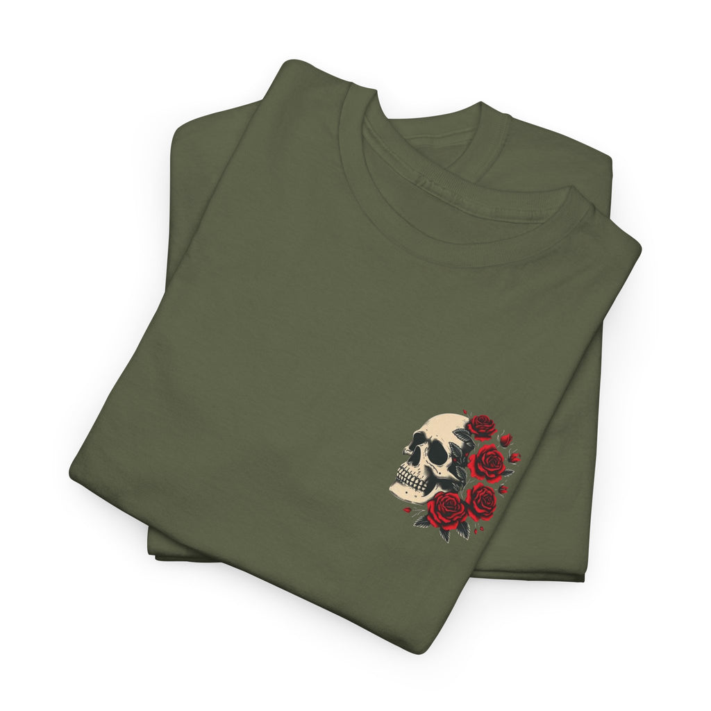 Floral Skull Chest Tee – Small Red Rose Skull Graphic T-Shirt
