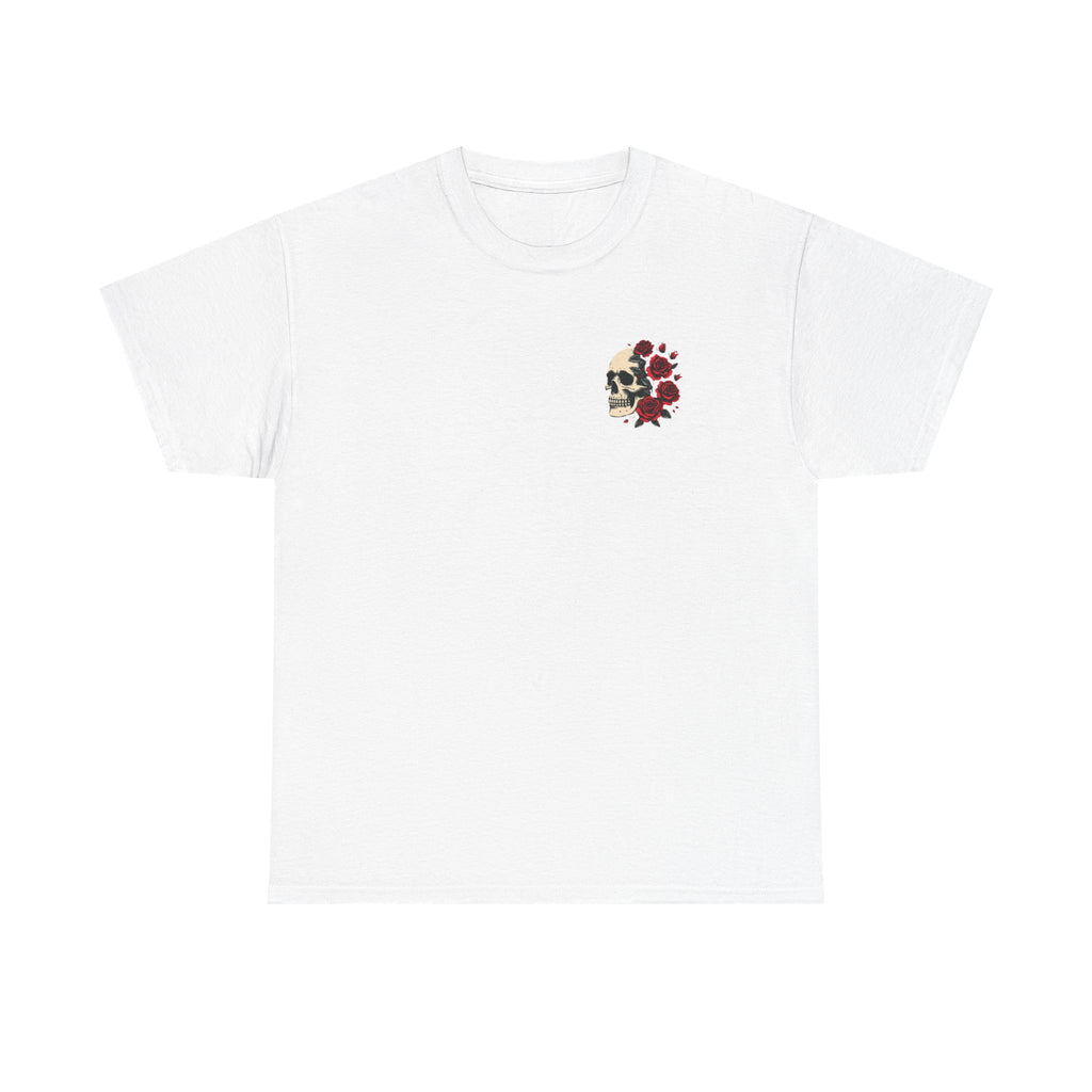Floral Skull Chest Tee – Small Red Rose Skull Graphic T-Shirt