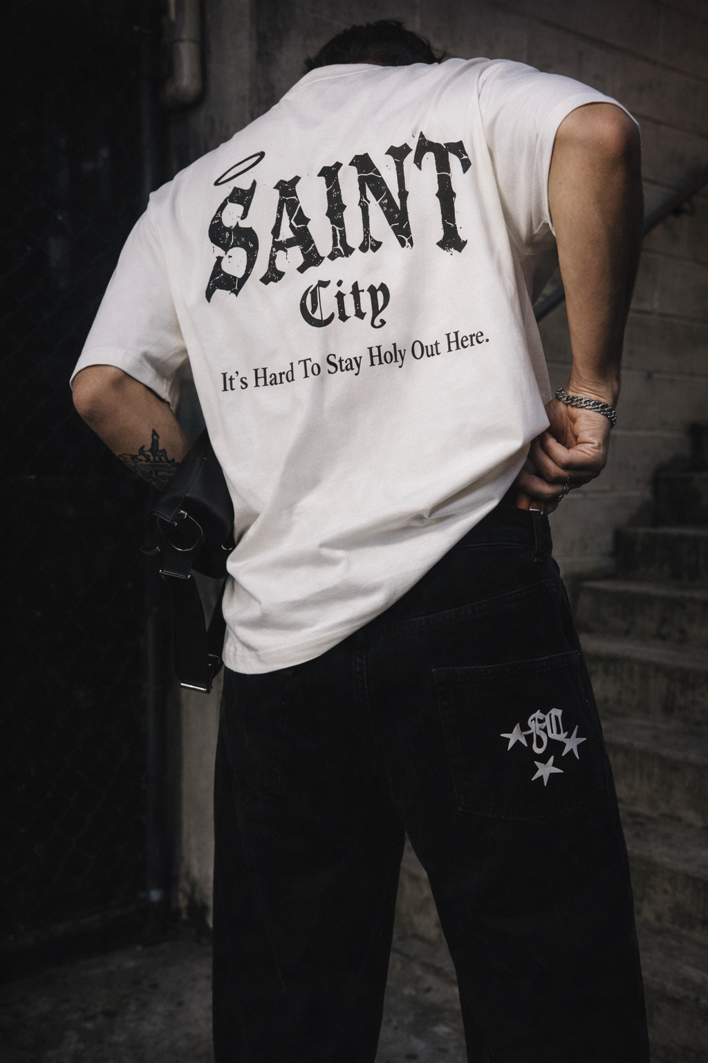 Saint City Tee — Bolivon Studios Distressed Gothic Back-Print T-Shirt