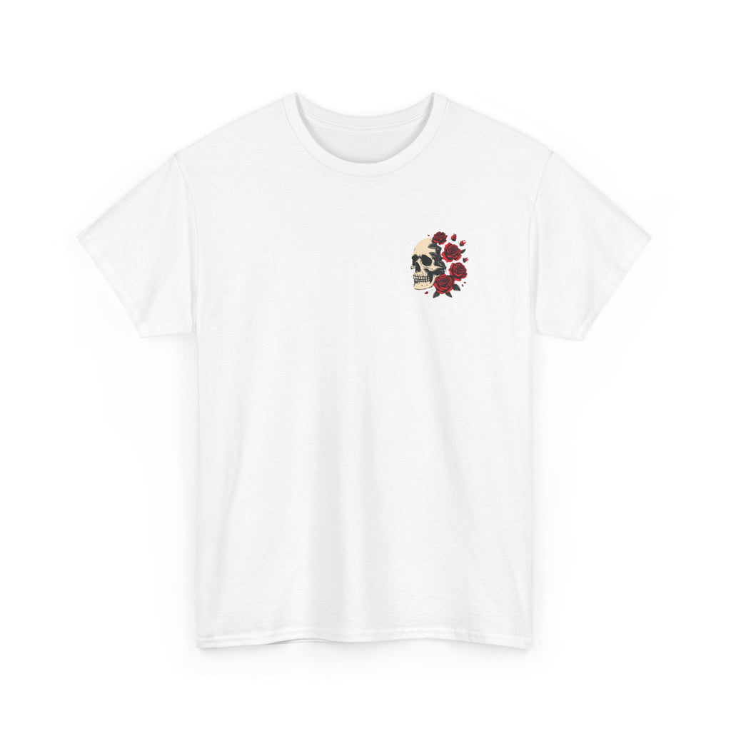 Floral Skull Chest Tee – Small Red Rose Skull Graphic T-Shirt