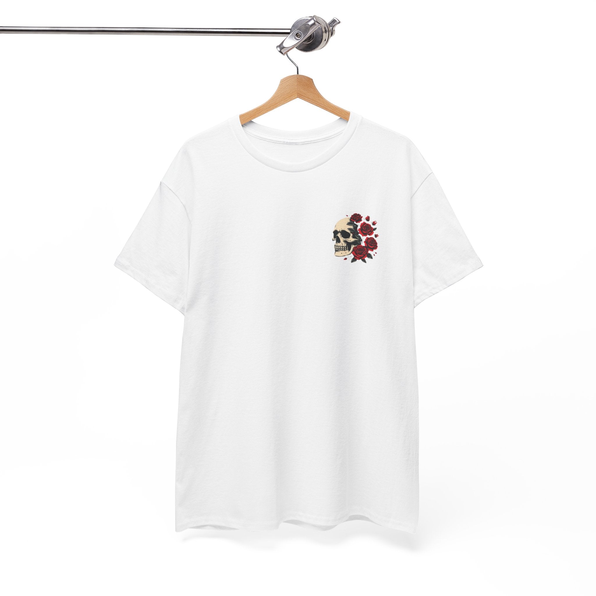 Floral Skull Chest Tee – Small Red Rose Skull Graphic T-Shirt