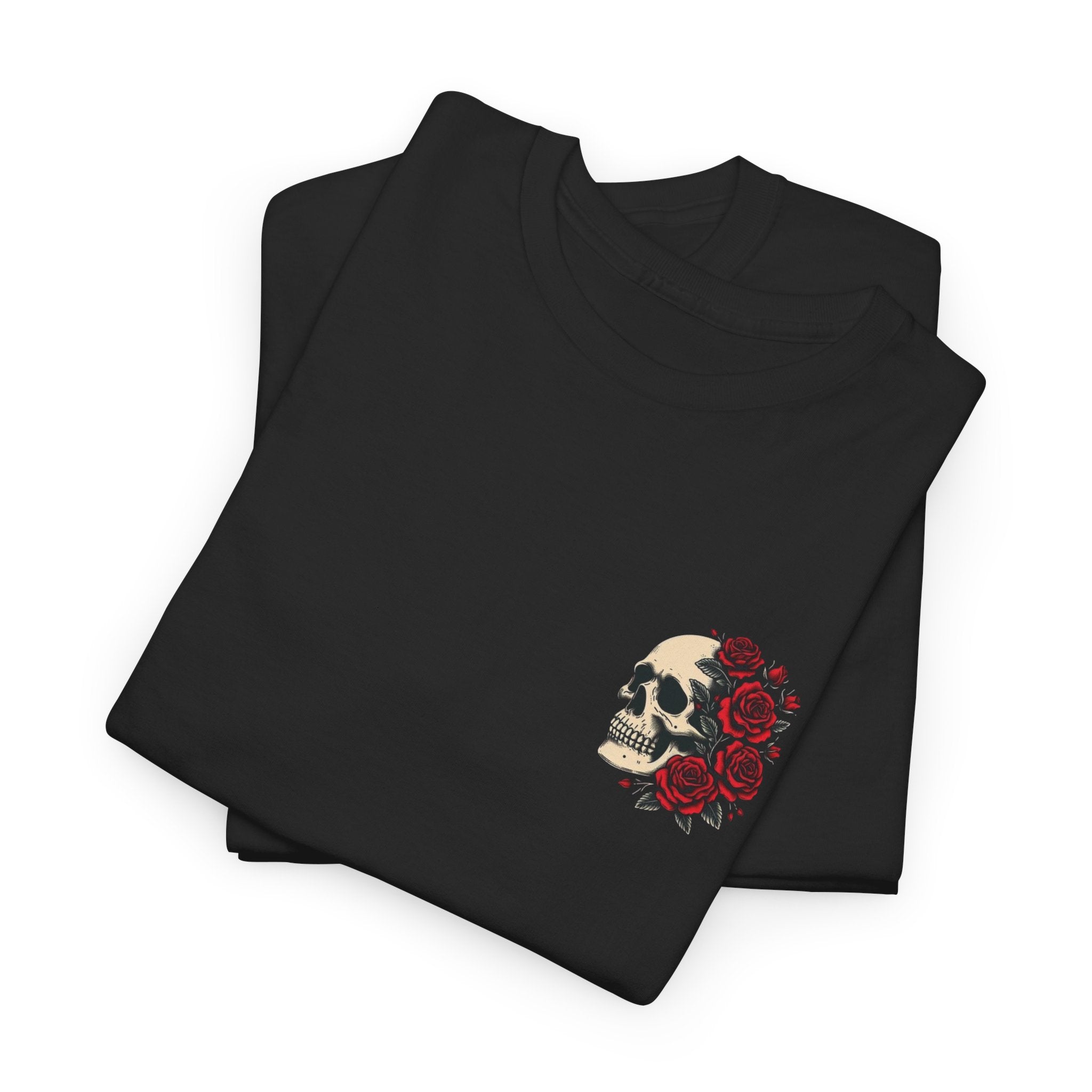 Floral Skull Chest Tee – Small Red Rose Skull Graphic T-Shirt