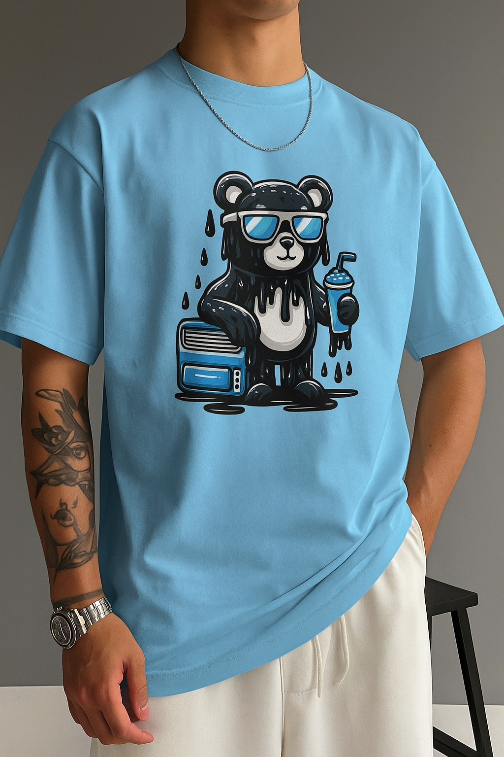 Cool Drip Bear T‑Shirt – Sunglasses Panda with Paint Can Graphic Tee Streetwear Style