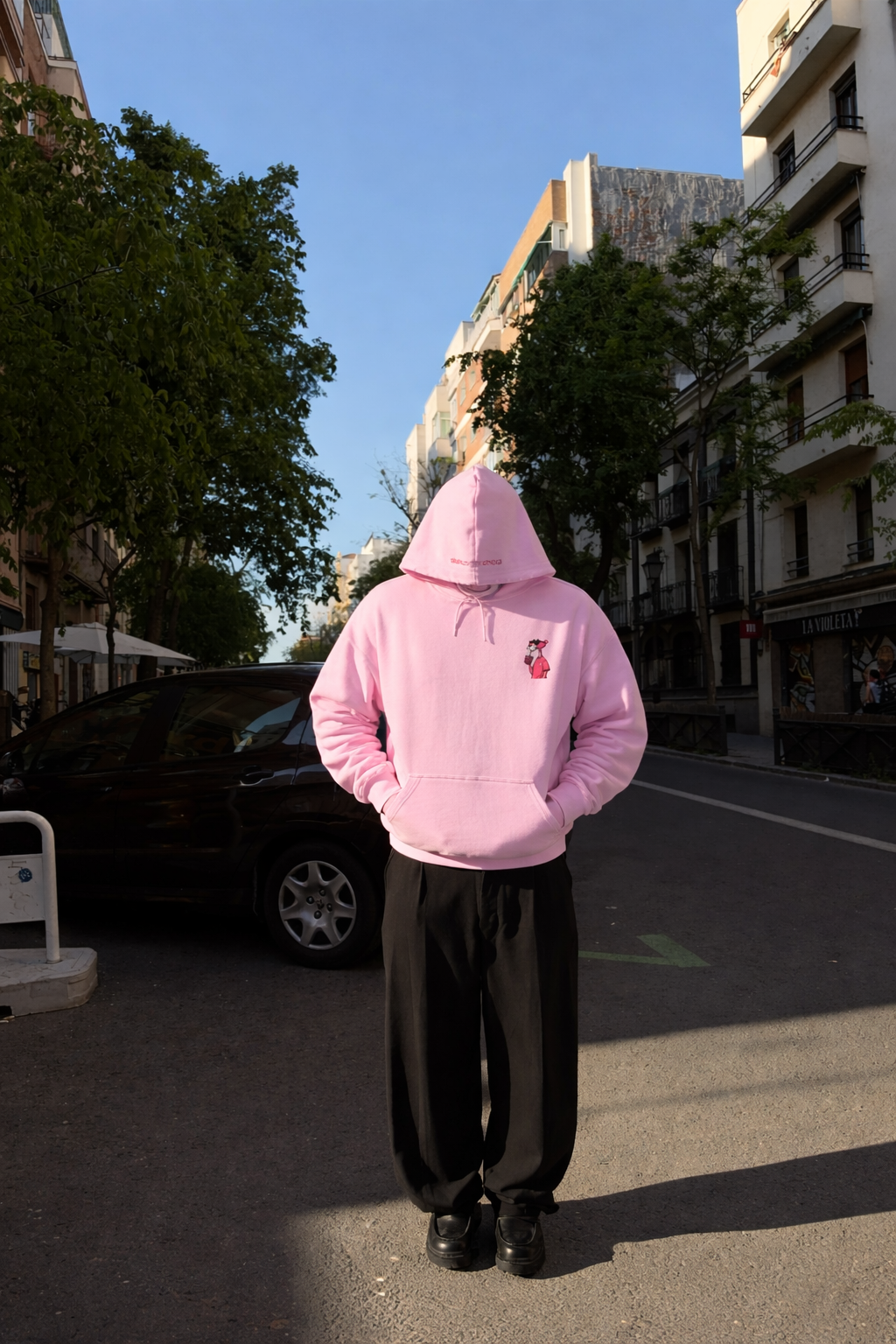 Pink Panther Minimal Chest Hoodie — Cute Retro Cartoon Pullover Streetwear Style